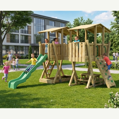 Parc de Jeux FunForte 5 en Bois pour Usage Public avec Double Tour, Pont, Toboggan et Bac à Sable
