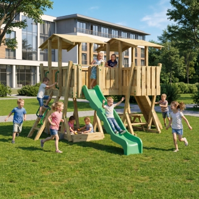 Parc de Jeux FunForte 5 en Bois pour Usage Public avec Double Tour, Pont, Toboggan et Bac à Sable