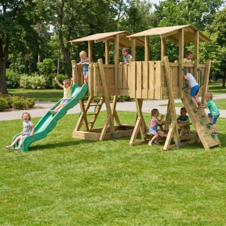 Parc de Jeux FunForte 5 en Bois pour Usage Public avec Double Tour, Pont, Toboggan et Bac à Sable
