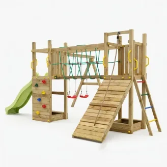 Aire de jeux en bois Fungoo Maxi Exposure avec toboggan, balançoires, pont et structure d'escalade