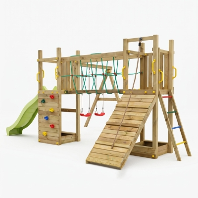 Aire de jeux en bois Fungoo Maxi Exposure avec toboggan, balançoires, pont et structure d'escalade