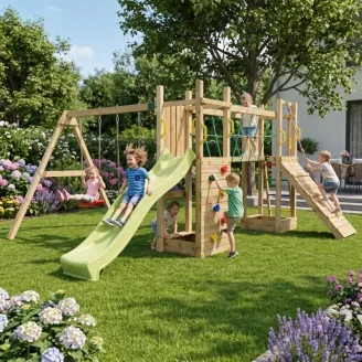 Aire de jeux en bois Fungoo Maxi Exposure avec toboggan, balançoires, pont et structure d'escalade