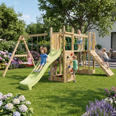 Aire de jeux en bois Fungoo Maxi Exposure avec toboggan, balançoires, pont et structure d'escalade