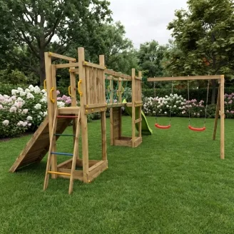 Aire de jeux en bois Fungoo Maxi Exposure avec toboggan, balançoires, pont et structure d'escalade