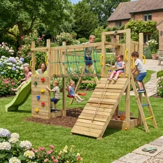 Aire de jeux en bois Fungoo Maxi Exposure avec toboggan, balançoires, pont et structure d'escalade