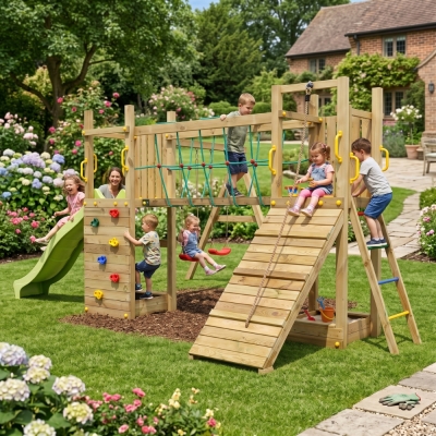 Aire de jeux en bois Fungoo Maxi Exposure avec toboggan, balançoires, pont et structure d'escalade