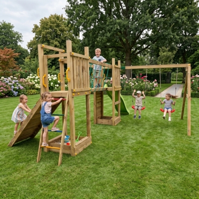 Aire de jeux en bois Fungoo Maxi Exposure avec toboggan, balançoires, pont et structure d'escalade