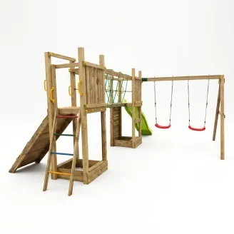 Aire de jeux en bois Fungoo Maxi Exposure avec toboggan, balançoires, pont et structure d'escalade