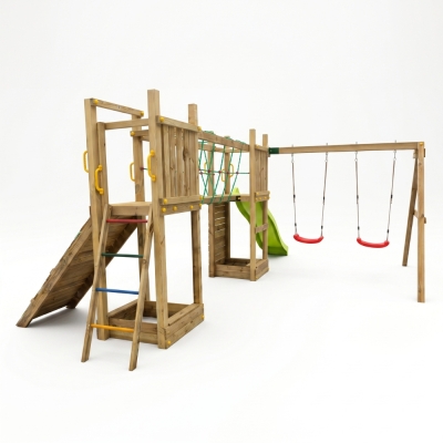 Aire de jeux en bois Fungoo Maxi Exposure avec toboggan, balançoires, pont et structure d'escalade
