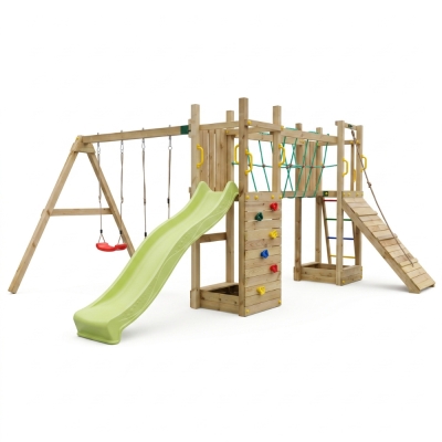 Aire de jeux en bois Fungoo Maxi Exposure avec toboggan, balançoires, pont et structure d'escalade