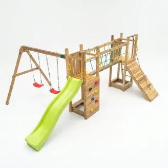 Aire de jeux en bois Fungoo Maxi Exposure avec toboggan, balançoires, pont et structure d'escalade