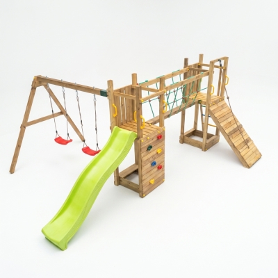 Aire de jeux en bois Fungoo Maxi Exposure avec toboggan, balançoires, pont et structure d'escalade