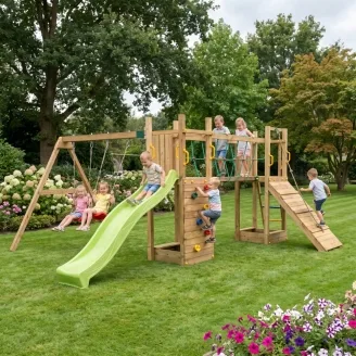Aire de jeux en bois Fungoo Maxi Exposure avec toboggan, balançoires, pont et structure d'escalade