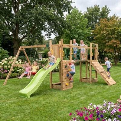 Aire de jeux en bois Fungoo Maxi Exposure avec toboggan, balançoires, pont et structure d'escalade