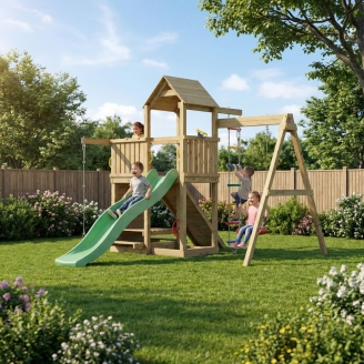 Fungoo ACTIVE KDI Maison en bois avec toboggan, balançoire et échelle
