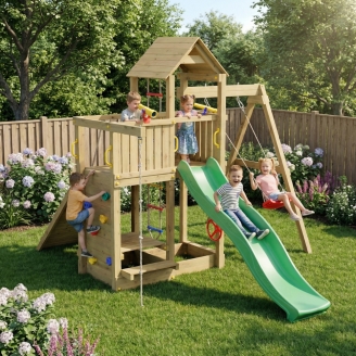 Fungoo ACTIVE KDI Maison en bois avec toboggan, balançoire et échelle