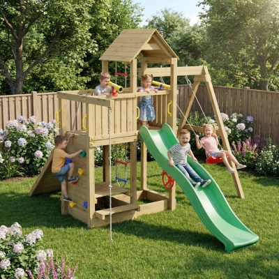 Jeux de jardin - Fungoo ACTIVE KDI Maisonnette en bois avec toboggan...