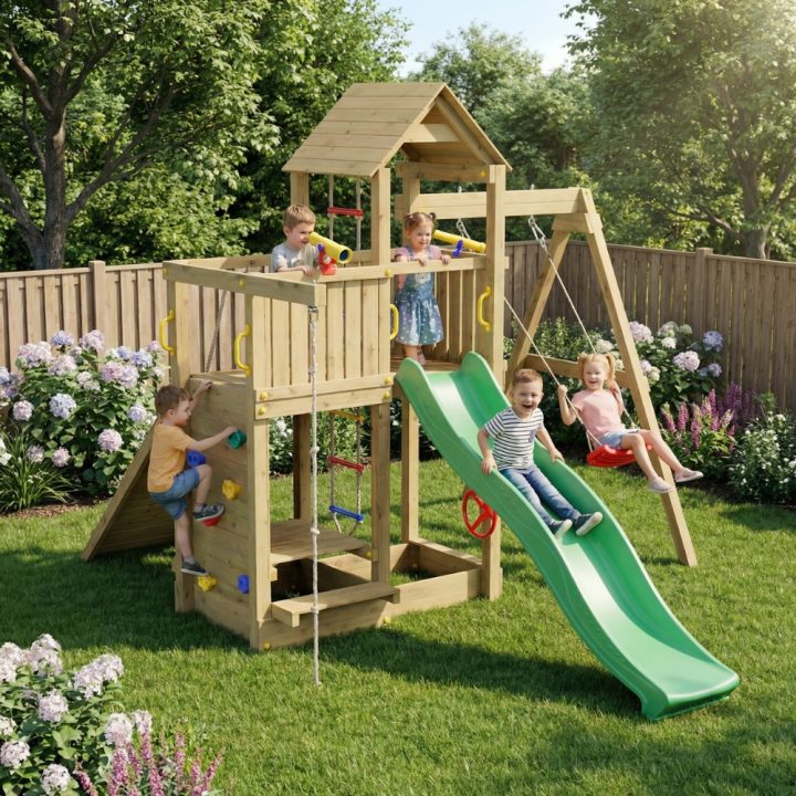 Maisonnette en bois Fungoo Activer KDI, toboggan et balançoire