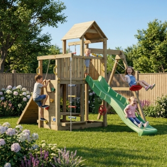 Fungoo ACTIVE KDI Maison en bois avec toboggan, balançoire et échelle